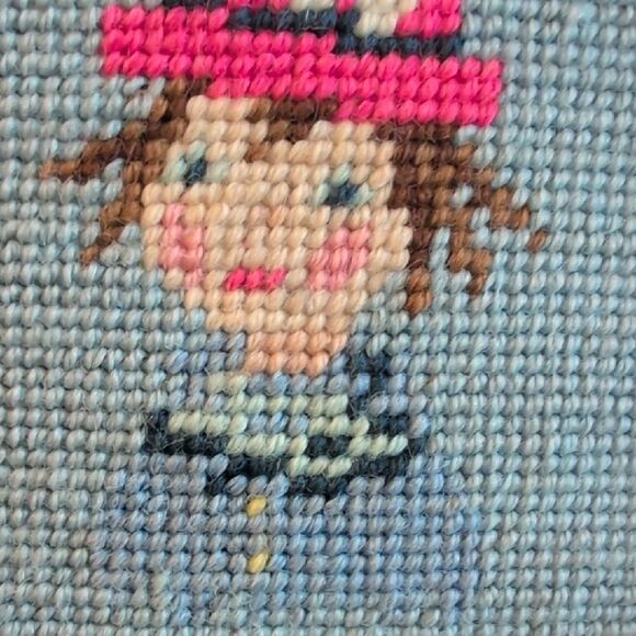 Vintage Framed Needlepoint Art Picture Girl with Pink Hat - Picture 3 of 8